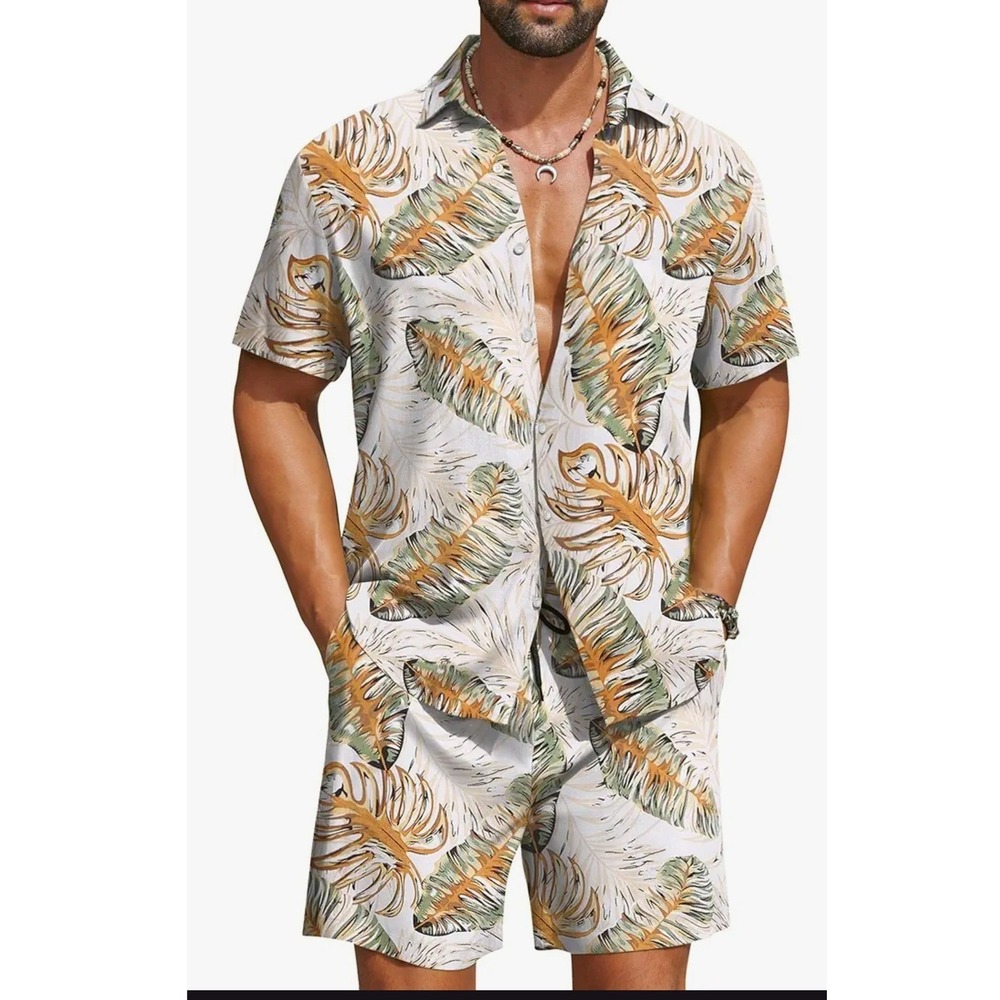 NWT Men's LG Hawaiian Summer Beach 2 Piece Button Down Shirt & Shorts Vacation - Picture 3 of 12